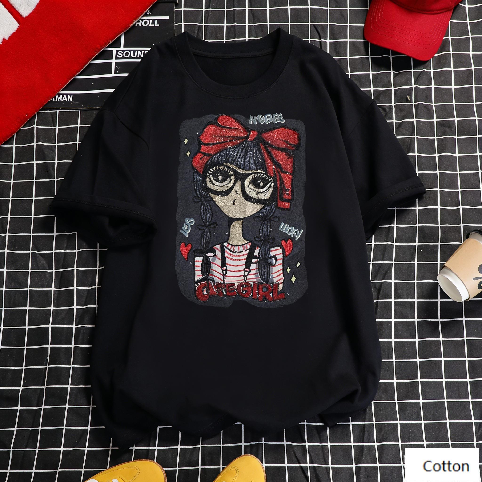 

Sweet Cool Street Style Unisex Cotton TShirt with Retro Cartoon Girl Print Breathable Heavyweight Fabric Regular Fit M