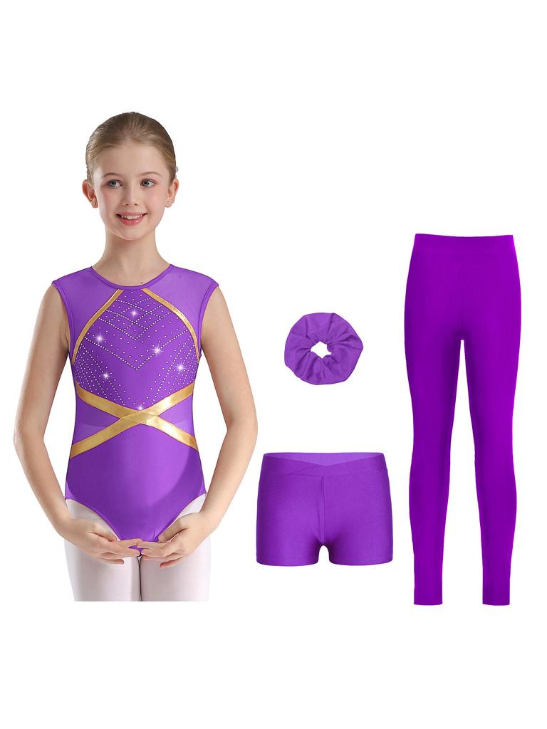 Complete 4Pcs Performance Set for Girls Keyhole Back Rhinestone Leotard with V-front Shorts & Headwear