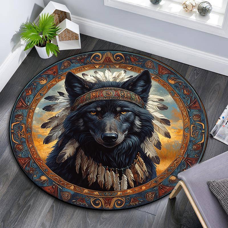 Wolf Chief Round Area Rug,Carpet Rug for Living Room Bedroom Sofa Playroom Decor,Non-slip Floor Mat