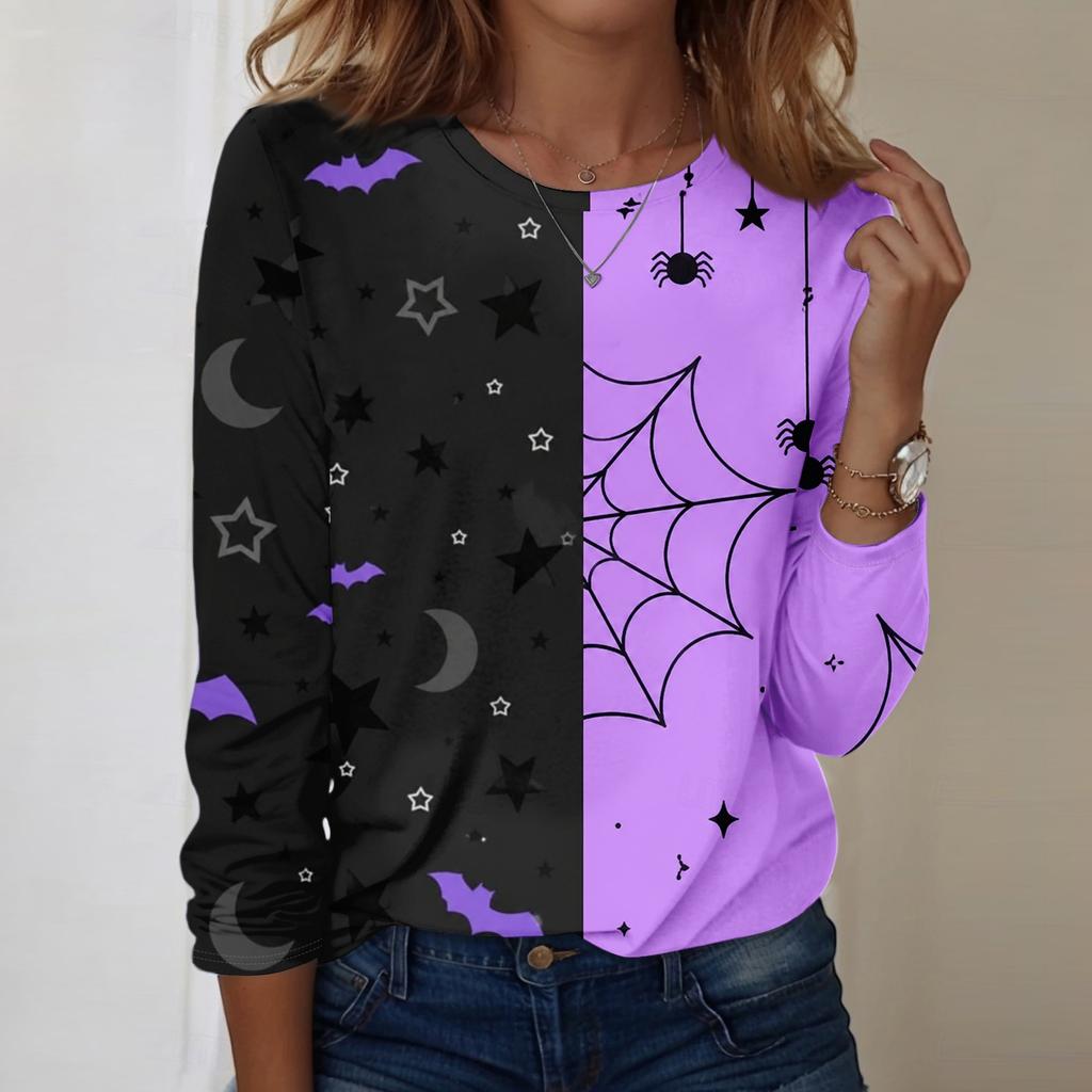 Women Long Sleeve Casual Pullover Sweatshirt Halloween Pumpkin Print Round Neck Top Lightweight Comfortable Fit