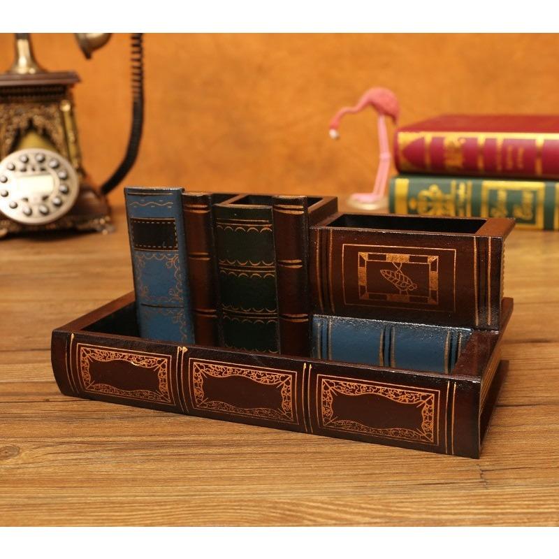 1pcs European Vintage Faux Book Pen Holder Creative Desktop Organizer for Office/Cosmetics Storage Box Solid Wood Decorative
