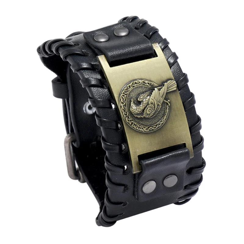 Trendy Wide Leather Woven Viking Rune Bracelet for Men Hip Hop Punk Jewelry Accessory Nordic Crow Charm Fashion