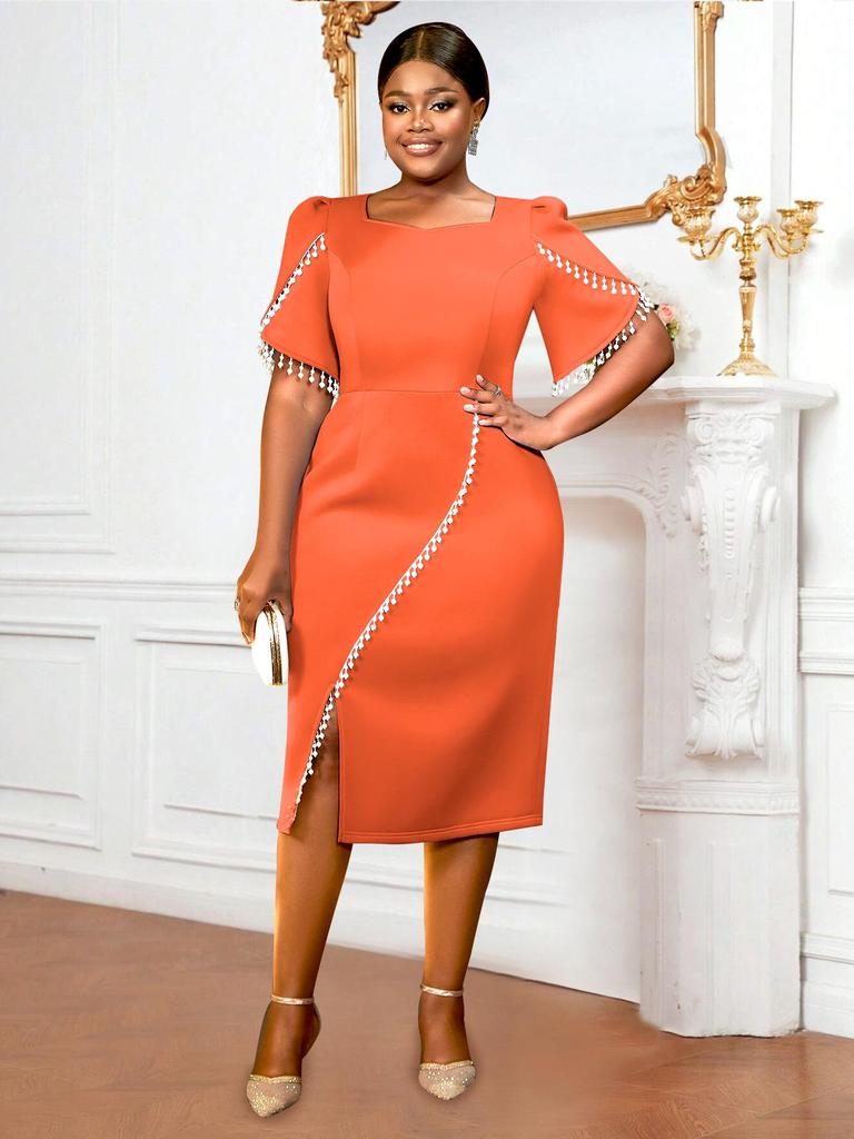Storlek Dam Pärlbeströdd Puffärmad Fyrkantig Halsringning Elegant Bodycon-klänning