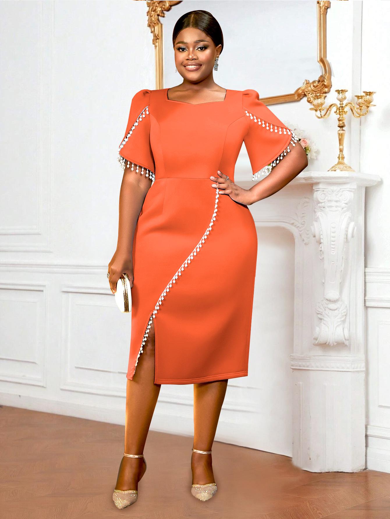 

Plus Size Women s Beaded Puff Sleeve Square Neck Elegant Bodycon Dress 4XL помаранчевий