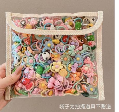 

Set of 50 Assorted Small Elastic Hair Ties for Babies and Toddlers Soft Stretchy Bands with Various Decorative Shapes in Transparent Storage Pouch One Size