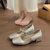 French thick heel with rhinestone single shoes women's 2025 new summer square head shallow mouth middle heel Mary Jane small leather shoes