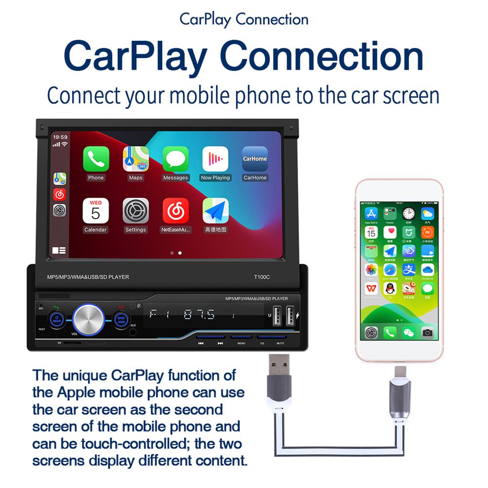 Retractable  7 Inch 1 Din Android Car Radio Touchscreen mp3 Multimedia Video Player autoradio CarPlay Bluetooth Car MP5 Player