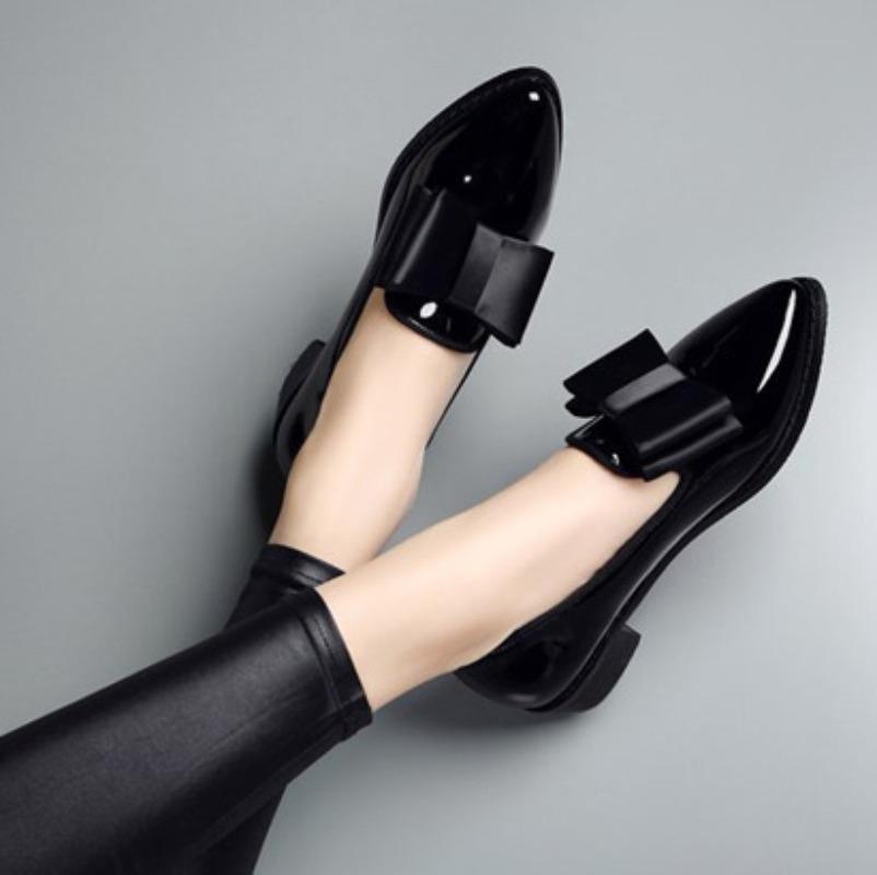 Bowknot High Heeled Small Leather Shoes for Women,Fashionable Pointed Toe, Large Size, Shiny Leather, Low Heel Women's Shoes