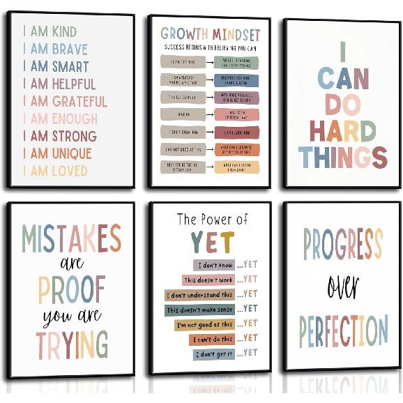 6Pcs Educational Growth Mindset Wall Art Kids Mental Health Therapy Canvas Paintings Positive Affirmations Wall Decor Boho Motivational Quotes