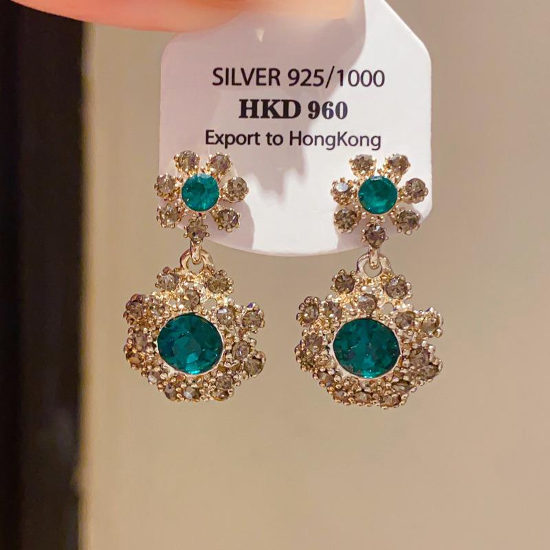 Retro Silver Needle Zircon Glass Water Drop Earrings Court Temperament Stud Earrings Personality Trend Versatile Earrings Women