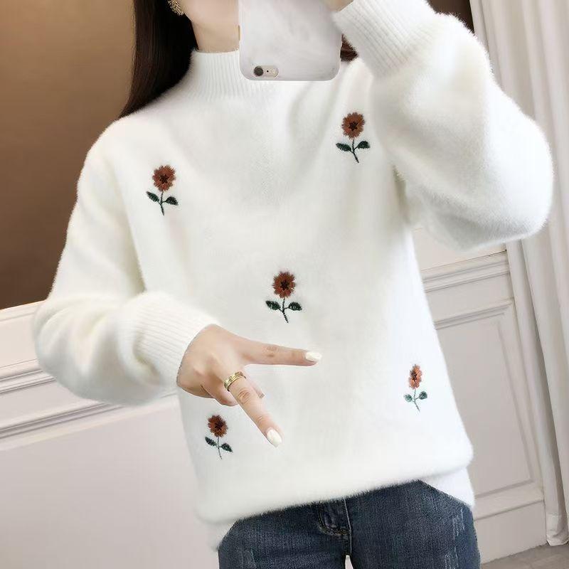 Mink fleece sweater women's outer wear - autumn and winter new loose temperament thickened embroidered semi-turtleneck knitted sweater