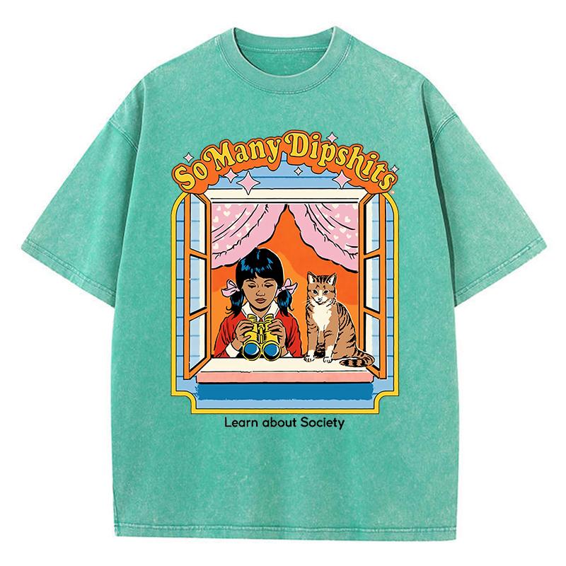 Carrying A Catlearn About Society Washed Retro Male Tops Summer Loose T-Shirt Cotton T-Shirt Clothes Casual T-Shirts
