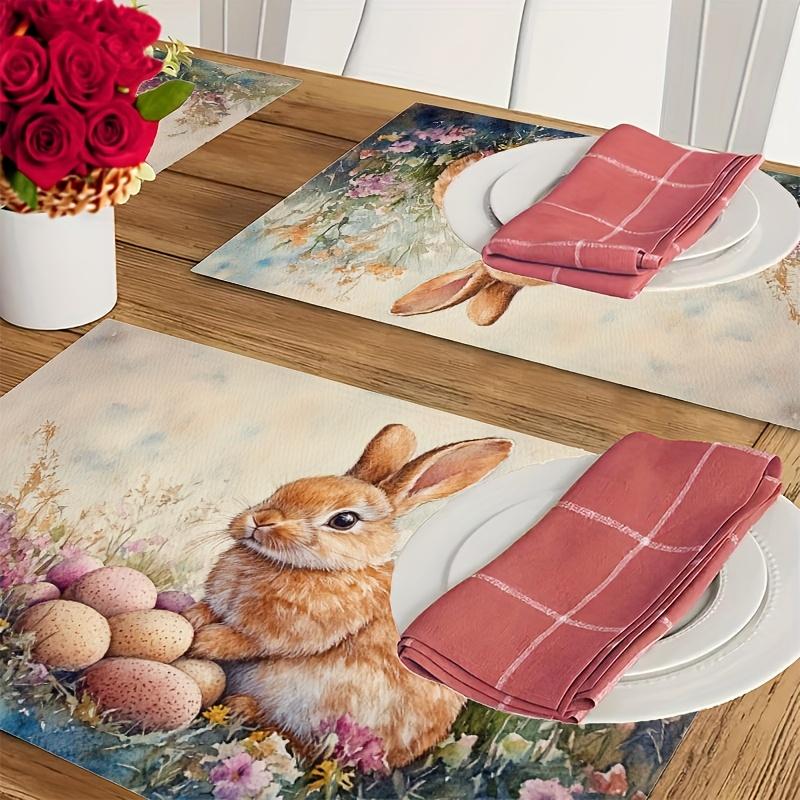 1 Stück Feder Osterhase & Blumig Polyester Platzsets, Maschinenwaschbare Tischmatten, Rechteckig, für Esszimmer & Küche