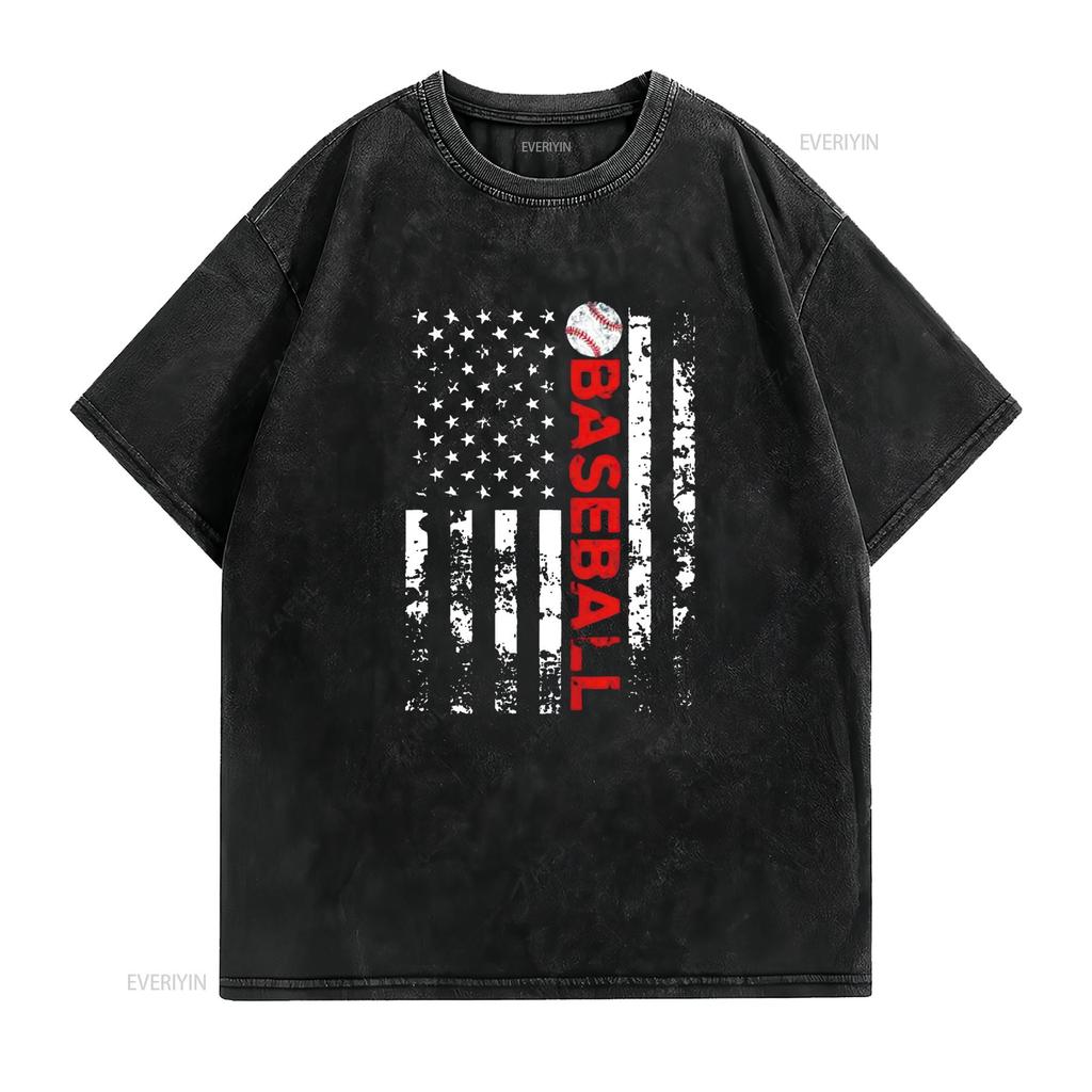 Womens T Shirt American Flag Baseball Team Casual  Tops Black Large Vintage Washed Unisex Soft Fashion Stylish Streetwear