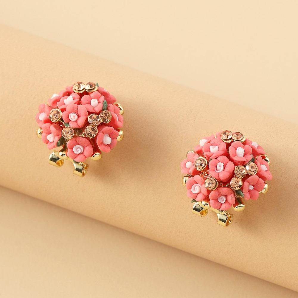Romantic Ceramic Flower Rose Diamond Alloy Earrings Temperament Ear Buckle Exquisite Stud Earrings Jewelry Popular