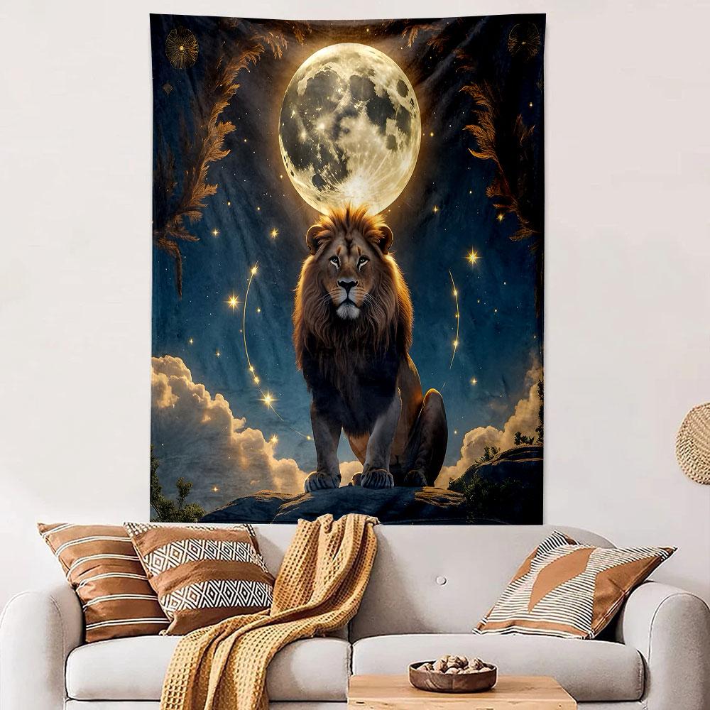 Majestic Lion Under Full Moon Sky Patterned Tapestry Decorative Wall Hanging, Home Bedroom Living Room Decor