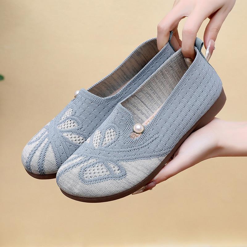 Damen Freizeit Flache Schuhe 2026 Herbst Bequem Rutschfest Outdoor Wanderschuhe Mesh Atmungsaktiv Gestrickt Perlenblume Freizeitschuhe