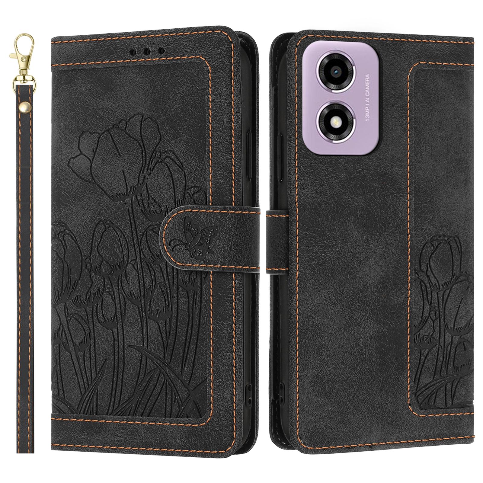

For Motorola Moto E14 4G Tulip Leather Case Phone Cover with 5 Card Slots Wallet Black