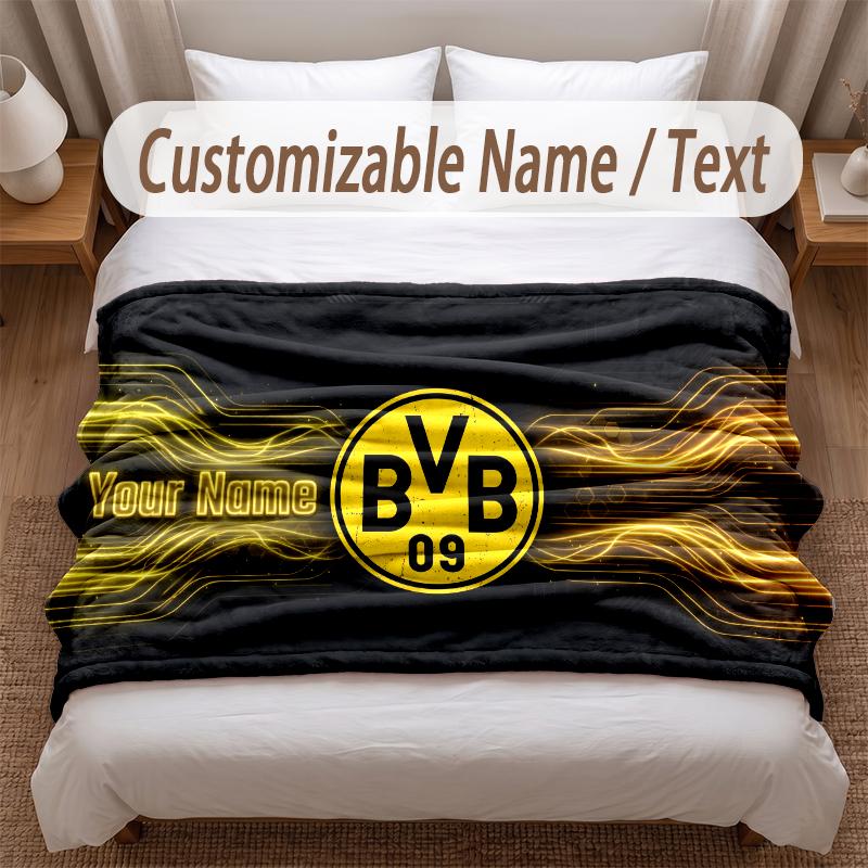 Borussia Dortmund Bedruckte Flanelldecke Benutzerdefinierter Name Text Weiche Warme Decke für Schlafzimmer Feiertagsgeschenk