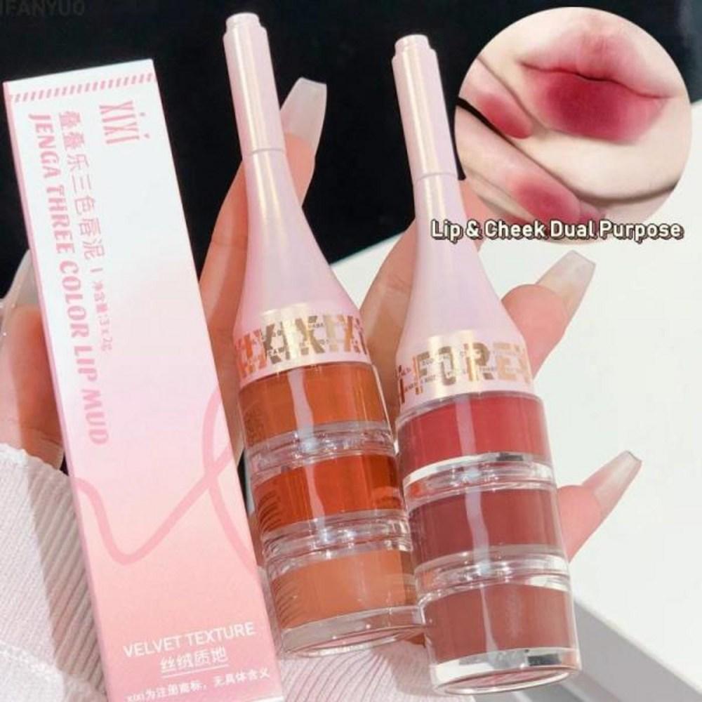 Lipstick with Lip Brush Velvet Matte Red Dark Brown Lip Tint Combo Lip Gloss Kit Makeup Cosmetics 3 Mud Strips Set, 03-3Color-Mud-Net 6g, 1 Piece