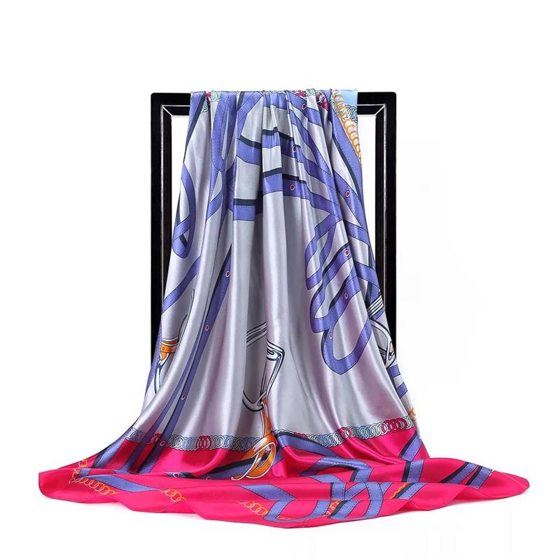 Scarves 90*90Cm Women Print Twil Hair Neck Square Silk Scarf Office Lady Shawl Bandana 90X90Cm Muslim Hijab Handkerchief Korean