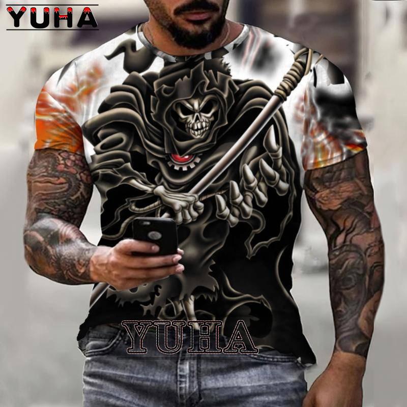 Skull Reaper Pattern T-shirt 3D Men's Street Printing Horror Series T-shirt Summer Fashion Fun Men's Plus Size T-shirt