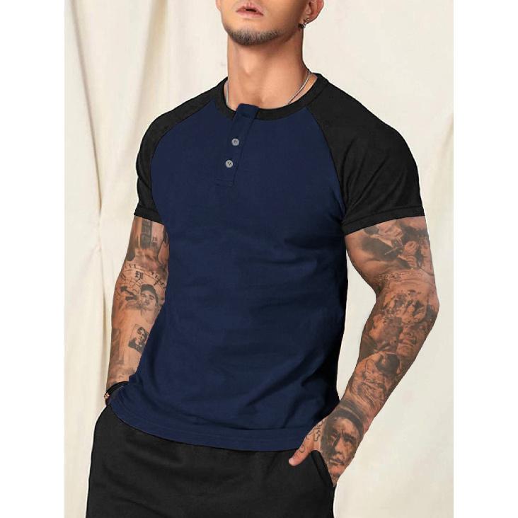 

Новая приталенная футболка с круглым вырезом и короткими рукавами, с цветными блоками на рукавах, персонализированная, повседневная, для ношения под низ, мужская XXL темно-синий