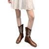 Embroidery V Mouth Women's Mid-calf Boots Vintage Leather Brown Western Cowboy Boots Women Middle Heels Square Toe Knight Boot