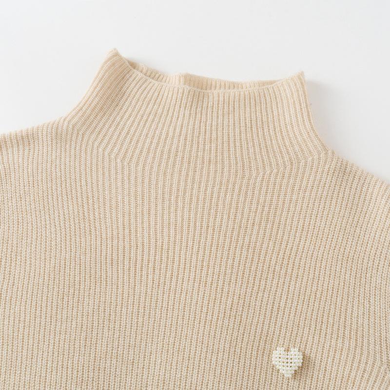 2024 Women's Slim Fit Cashmere Sweater - Fashion Knit Top with Love Heart Pearl Accent & Half High Neck