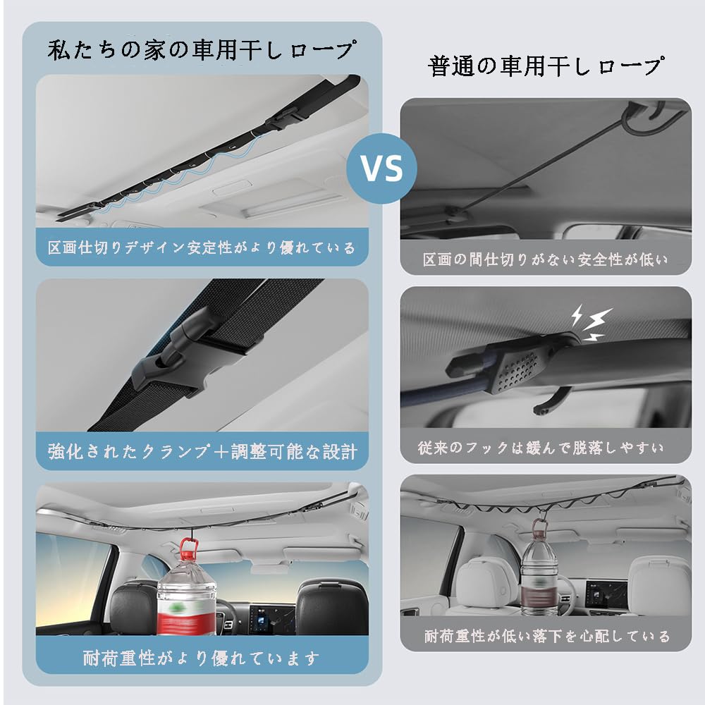 Car Clothesline Multifunctional Car Storage Adjustable with Reinforced Clamp Black