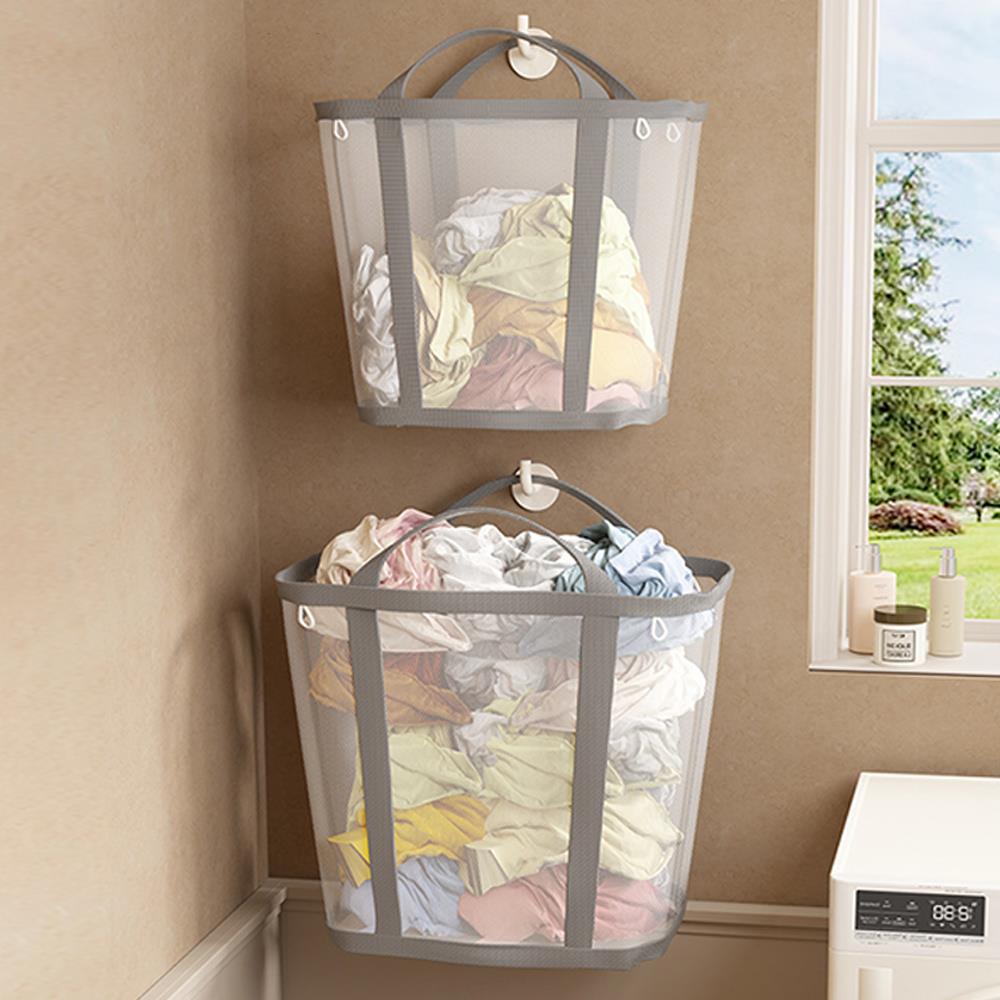 Foldable Mesh Laundry Basket With Handle Large Capacity Hanging Dirty Clothes Hamper Nylon Mesh Laundry Organizer Bag Bathroom