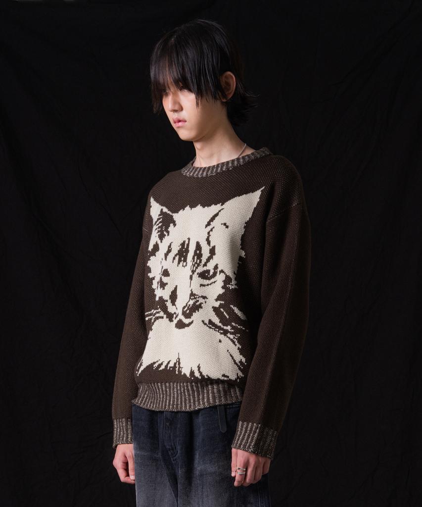 IUGAMAKARAS Pull en maille usée avec motif chat (marron)