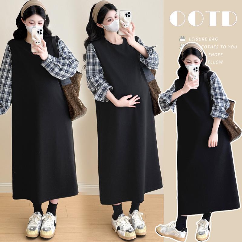 2026 Spring Korean Style Plaid Patchwork Maternity Hoodie Dress - Loose, Comfortable, Fake Two-Piece Large