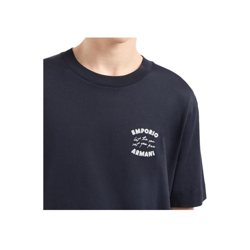 Emporio Armani Solid Color Round Neck Fun Letter Embroidery Short Sleeve T-Shirt Men tops Navy-Blue EM000827-AF12926-UB118