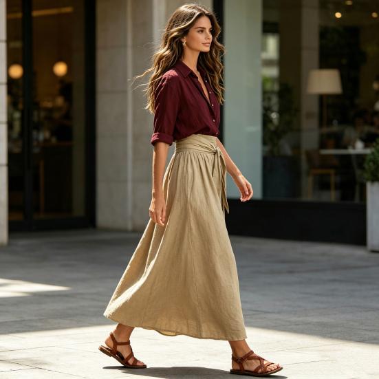 Damen 2-teiliges Maxiröck-Set Langarm-Hemd mit Knöpfen und Rock mit hoher Taille Passende Outfits Sommerurlaub Lounge-Sets