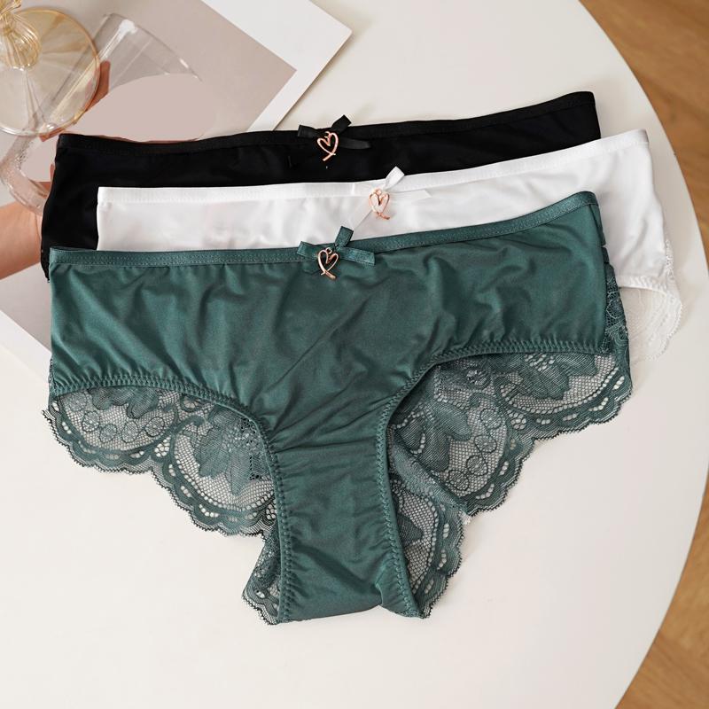 Bayan Seksi Buz İpeği Patchwork Külot Kalp Şeklinde Toka Kesik Dantelli İç Çamaşırı İnce Nefes Alabilen Düz Renk Hipster Külot