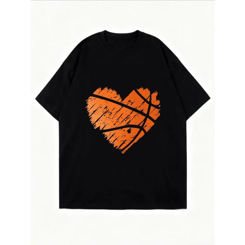 White Oversized T-Shirt With Orange Heart Basketball Print For Casual Wear