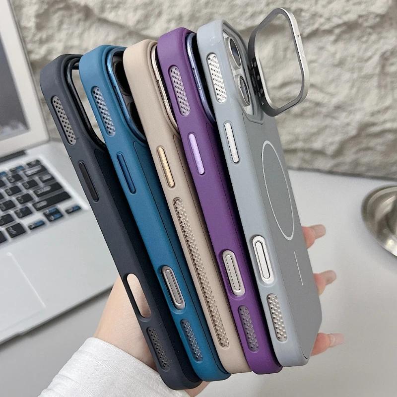 Trendy Silicone Magnetic Lens Stand Case for iPhone 16 15 14 11 12 13 Pro Max Plus MagSafe Compatible Shockproof Protective Case