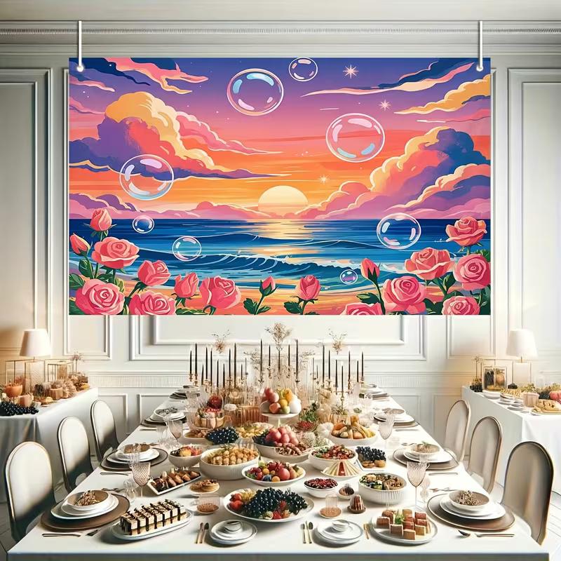 2D Colorful Beach Sunset Backdrop, Ocean Waves, Roses & Bubbles Background