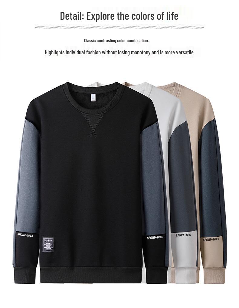 Tide Men's Spliced Round Neck Sweatshirt - Korean Slim Fit, Casual Spring/Autumn Style.