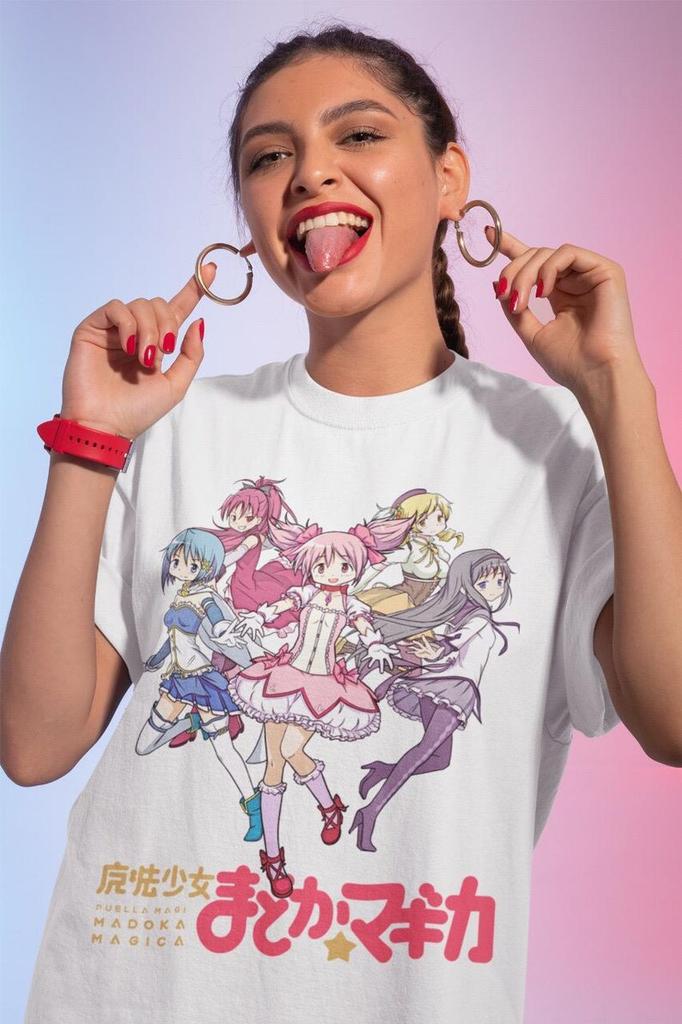 Puella Magi Madoka Magica Magical Girls T-Shirt, Unisex Anime Fan Streetwear Tee, 100% Cotton Casual Short Sleeve Top