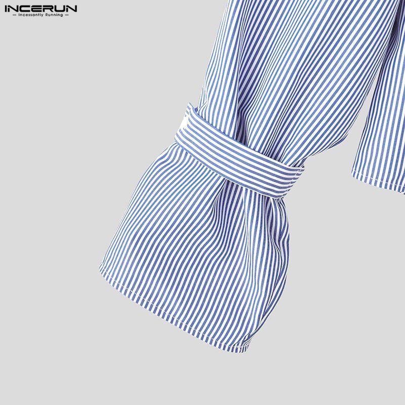 INCERUN Oversized Men Casual Loose Long Sleeve Striped Print Buttons Shirts Tops