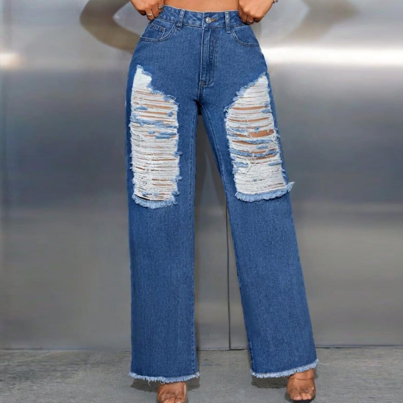 

Women s Casual Ripped Wide-leg Denim Trousers L
