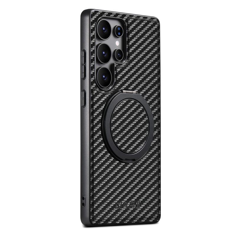 Per Samsung S25 Ultra Custodia in Pelle Fibra di Carbonio Ricarica Wireless Per Galaxy S24 Plus S23 Staffa Rotante a 360° Copertura Magnetica