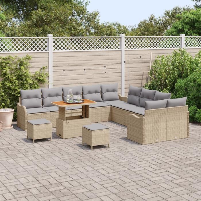 Ensemble de Canapé de Jardin 13 pièces avec Coussins Beige Poly Rattan, Canapé de Jardin 2 places avec Coussins Beige Poly 3362327