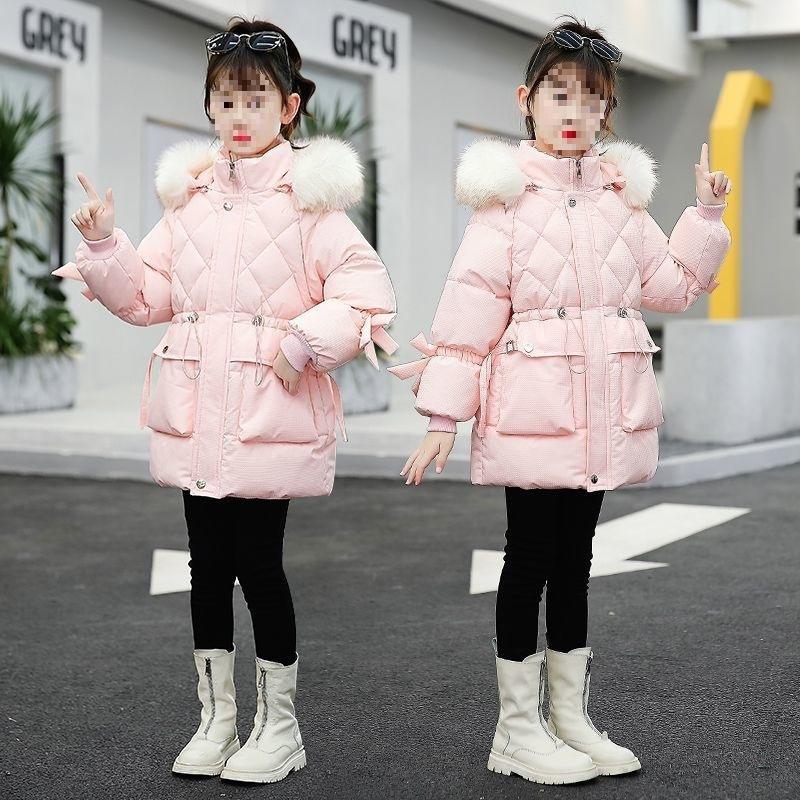 Children's Cotton Jacket, Medium To Long, Thick Down Cotton Jacket, Girls' Padded Waist Cotton Jacket with Added Velvet