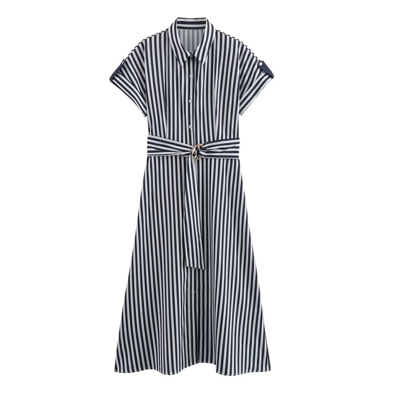

Kaslead New Arrival Women s Clothing Fashion Style Fashion Casual Minimalist Stripes with Belt Short Sleeve Dress Stripes L