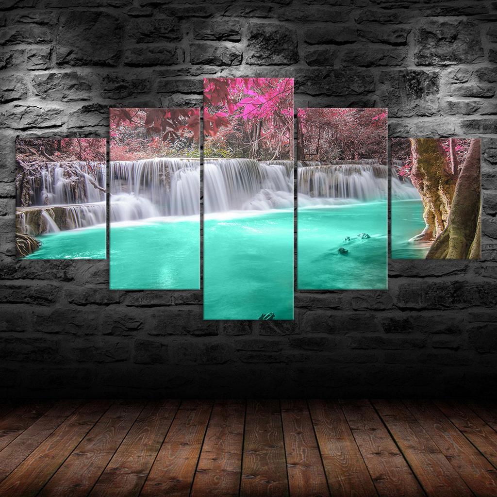 Beautiful Waterfall Scenery Painting 5 Piece Five Panel Canvas Print Modern Wall Art Poster Home Decor Gift For Him For Her