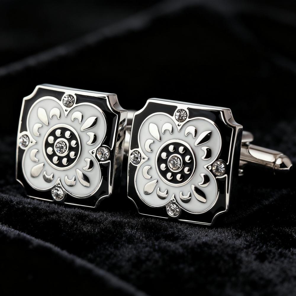 Men's Cufflink Set, Square Black and White Retro Carved Crystal Cufflinks, Paired with Gift Boxes.
