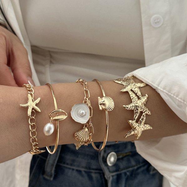 Bohemian Gold Color Shell Starfish Bracelet Set For Women Summer Beach Pearl Beaded Bangle Ocean Charm Jewelry Accessories